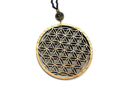 Flower of Life Abundance Pendant Necklace, Wooden Sacred Geometry pendant with Tiger Eye Natural Stone Bead by Goa Laser Factory in Kuwait
