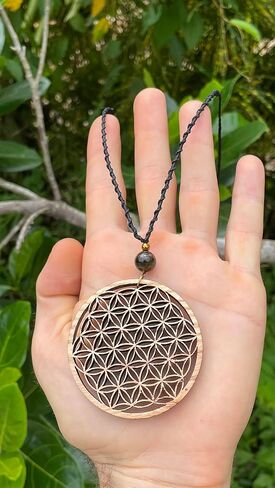 Flower of Life Abundance Pendant Necklace, Wooden Sacred Geometry pendant with Tiger Eye Natural Stone Bead by Goa Laser Factory in Kuwait