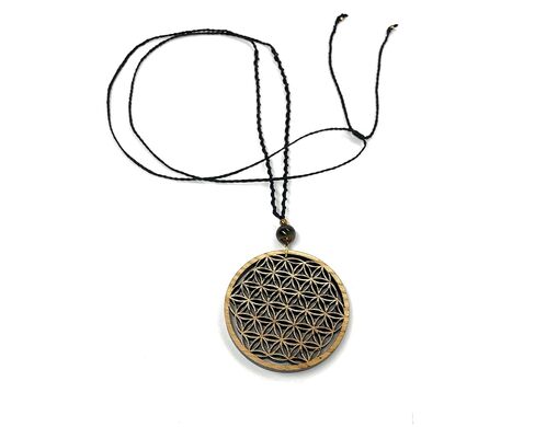 Flower of Life Abundance Pendant Necklace, Wooden Sacred Geometry pendant with Tiger Eye Natural Stone Bead by Goa Laser Factory in Kuwait