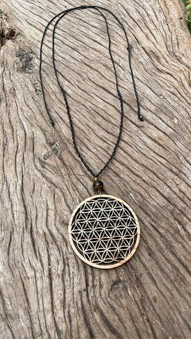 Flower of Life Abundance Pendant Necklace, Wooden Sacred Geometry pendant with Tiger Eye Natural Stone Bead by Goa Laser Factory in Kuwait