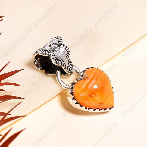 Natural Orange Spiny Oyster Shell Heart Shape Pendant 925 Sterling Silver Pendant, Statement Pendant Necklace Orange Stone pendant Gift For her in Kuwait