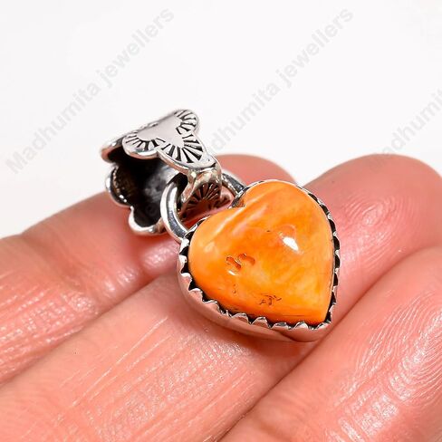 Natural Orange Spiny Oyster Shell Heart Shape Pendant 925 Sterling Silver Pendant, Statement Pendant Necklace Orange Stone pendant Gift For her in Kuwait