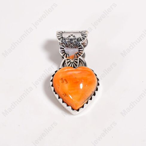 Natural Orange Spiny Oyster Shell Heart Shape Pendant 925 Sterling Silver Pendant, Statement Pendant Necklace Orange Stone pendant Gift For her in Kuwait