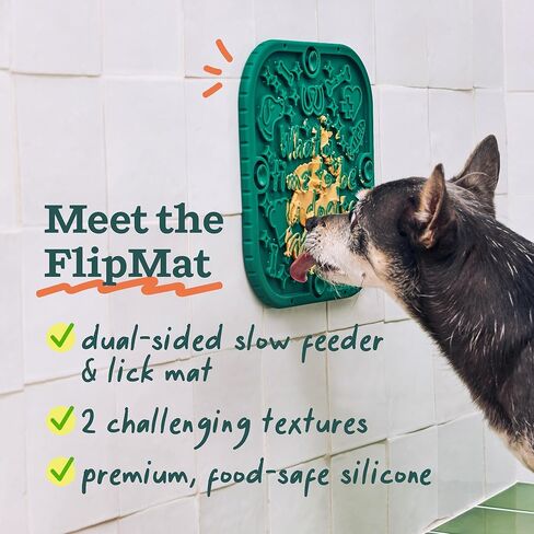 WOOF FlipMat بساط لعق سهل التنظيف للكلاب - بساط تغذية بطيء بتصميم مزدوج الجوانب غير قابل للانزلاق - سيليكون خالٍ من مادة BPA - بساط لعق - ألعاب تفاعلية للكلاب - أخضر in Kuwait