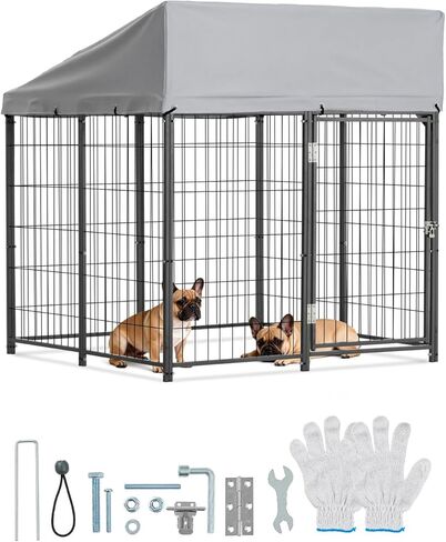 VEVOR Outdoor Dog Kennel, 3.67 x 3.78 x 4.1 ft Large Dog Kennel with Secure Lock, Outside Dogs Enclosures with UV-Resistant & Waterproof Roof Cover, Heavy Duty Pet Crate Cage Run for Large Dogs in Kuwait