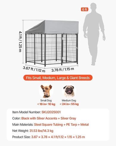 VEVOR Outdoor Dog Kennel, 3.67 x 3.78 x 4.1 ft Large Dog Kennel with Secure Lock, Outside Dogs Enclosures with UV-Resistant & Waterproof Roof Cover, Heavy Duty Pet Crate Cage Run for Large Dogs in Kuwait
