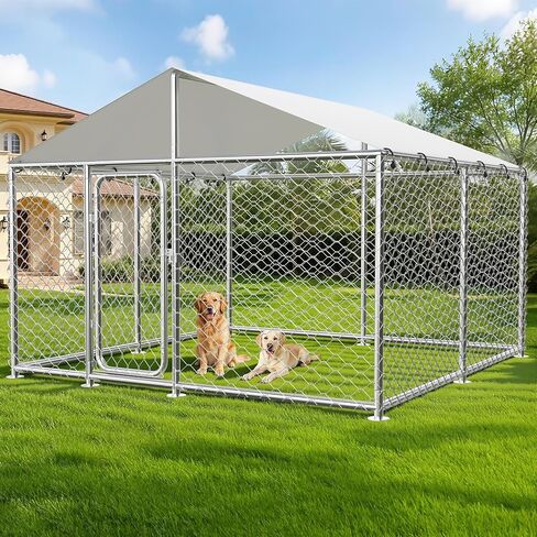 7.8x7.8 FT Heavy Duty Dog Kennel Outdoor with Lockable Door & Waterproof Cover - Galvanized Steel Enclosure for Large Dogs, Weatherproof Pet Playpen in Kuwait
