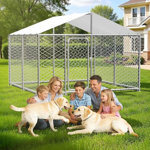 7.8x7.8 FT Heavy Duty Dog Kennel Outdoor with Lockable Door & Waterproof Cover - Galvanized Steel Enclosure for Large Dogs, Weatherproof Pet Playpen in Kuwait