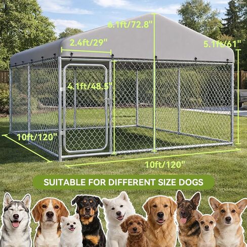 COMHOMA 10×10FT Outdoor Dog Kennel with Roof,Heavy Duty Metal Dog Enclosure with Weather-Resistant Cover & Secure Lock for Medium Large Dogs in Kuwait