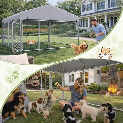 COMHOMA 10×10FT Outdoor Dog Kennel with Roof,Heavy Duty Metal Dog Enclosure with Weather-Resistant Cover & Secure Lock for Medium Large Dogs in Kuwait