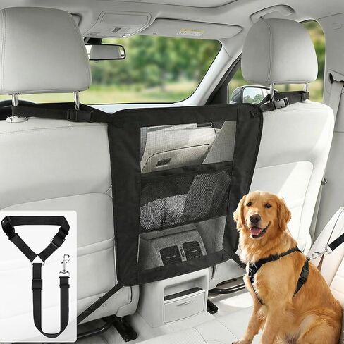 Dog Car Barrier, Dog Car Net Barrier, Heavy Duty Canvas Seat Divider with Belt Set, Double-Sided Organizer, Adjustable Pet Safety Kit, Precision Fit for SUV & Cars in Kuwait