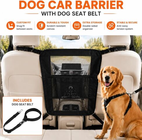 Dog Car Barrier, Dog Car Net Barrier, Heavy Duty Canvas Seat Divider with Belt Set, Double-Sided Organizer, Adjustable Pet Safety Kit, Precision Fit for SUV & Cars in Kuwait