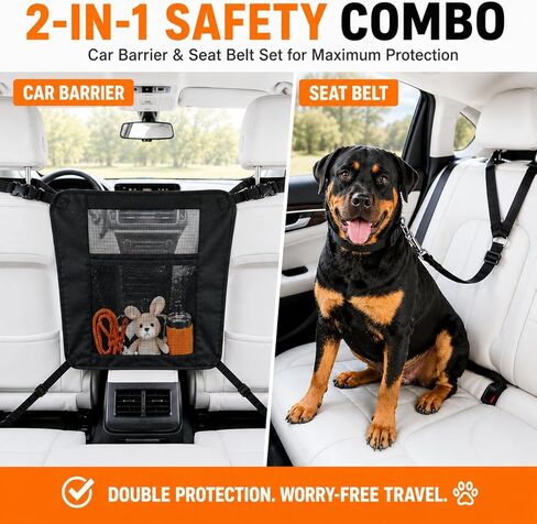 Dog Car Barrier, Dog Car Net Barrier, Heavy Duty Canvas Seat Divider with Belt Set, Double-Sided Organizer, Adjustable Pet Safety Kit, Precision Fit for SUV & Cars in Kuwait