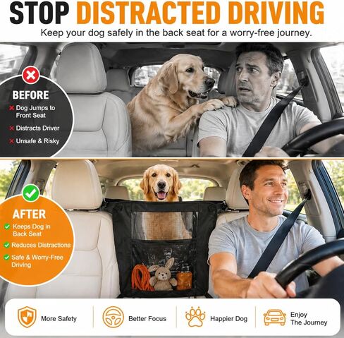 Dog Car Barrier, Dog Car Net Barrier, Heavy Duty Canvas Seat Divider with Belt Set, Double-Sided Organizer, Adjustable Pet Safety Kit, Precision Fit for SUV & Cars in Kuwait