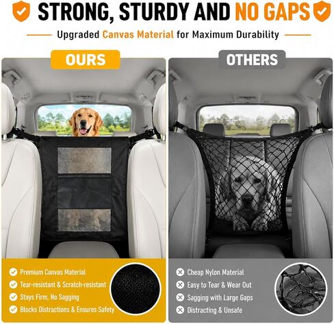Dog Car Barrier, Dog Car Net Barrier, Heavy Duty Canvas Seat Divider with Belt Set, Double-Sided Organizer, Adjustable Pet Safety Kit, Precision Fit for SUV & Cars in Kuwait