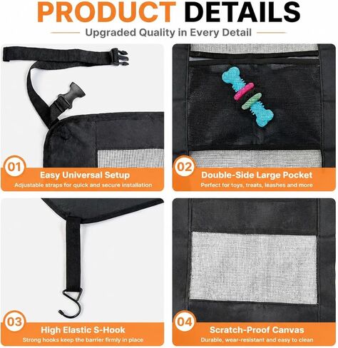 Dog Car Barrier, Dog Car Net Barrier, Heavy Duty Canvas Seat Divider with Belt Set, Double-Sided Organizer, Adjustable Pet Safety Kit, Precision Fit for SUV & Cars in Kuwait