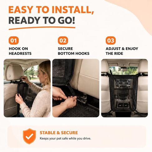 Dog Car Barrier, Dog Car Net Barrier, Heavy Duty Canvas Seat Divider with Belt Set, Double-Sided Organizer, Adjustable Pet Safety Kit, Precision Fit for SUV & Cars in Kuwait