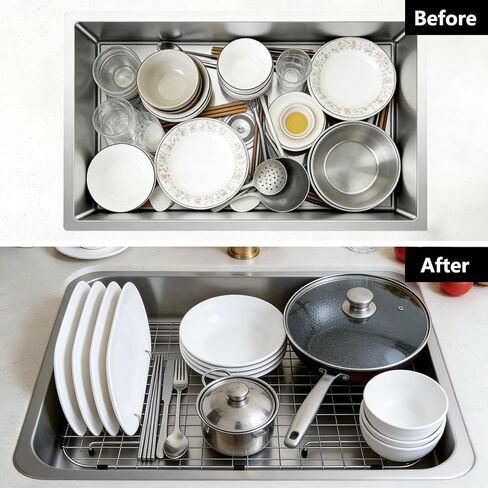 AWOKE Sink Rack for Bottom of Sink (26 x 14 Inch), Center Drain Sink Protectors for Kitchen Sink, 304 Stainless Steel Heavy Duty Metal Wire Grate for Single Bowl Farmhouse Sink Bottom,Soft Rubber Feet in Kuwait