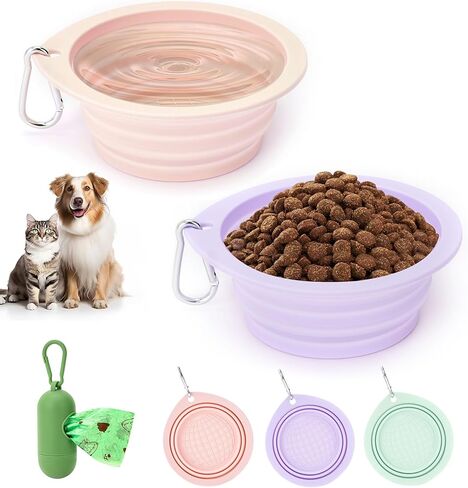 3 Pack Collapsible Dog Bowls,Pet Bowls with Pet Poop Bag Dispenser Set,Portable Silicone Travel Dog Bowls for Walking,Hiking,Camping,Outdoor Travel(Pink&Purple) in Kuwait