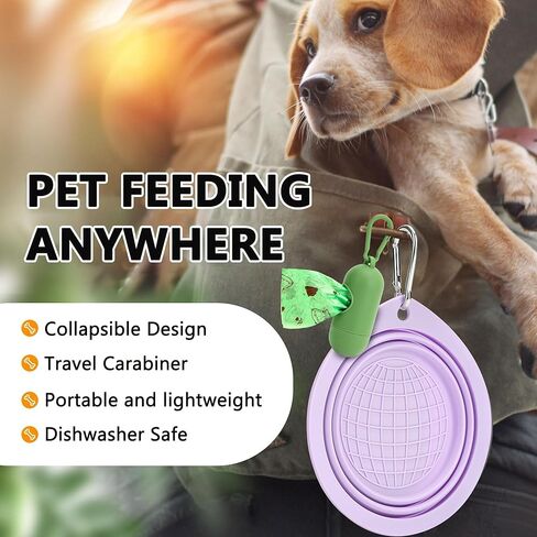 3 Pack Collapsible Dog Bowls,Pet Bowls with Pet Poop Bag Dispenser Set,Portable Silicone Travel Dog Bowls for Walking,Hiking,Camping,Outdoor Travel(Pink&Purple) in Kuwait