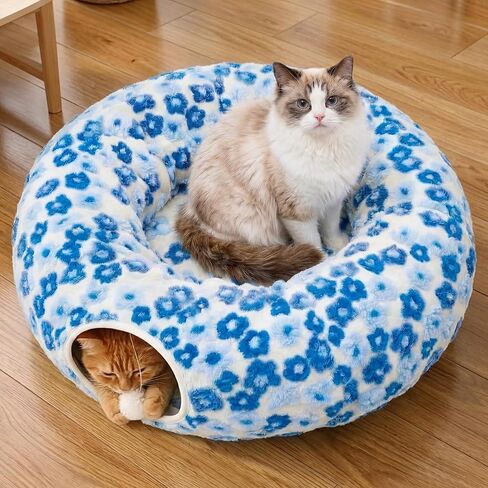 Meowfia Indoor Cat Tunnel with Donut Bed - Large Flexible Play Space for Multiple Pets - Circle or Snake Shape, Cozy Lounge (Jungle Nest) in Kuwait