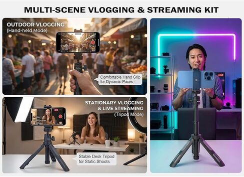 Phone Tripod Stand, Ruittos Vlogging Tripod, Selfie Stick Tripod, Go pro Extendable Tripod for iPhone, Webcam, Desktop, Sony, Go Pro, Travel 11.5inch Portable Pocket Mini Tripod in Kuwait