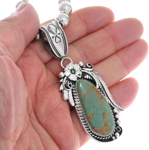 Alltribes Navajo Natural Hachita New Mexico Turquoise Sterling Pendant With Silver Bead Necklace 0536 in Kuwait