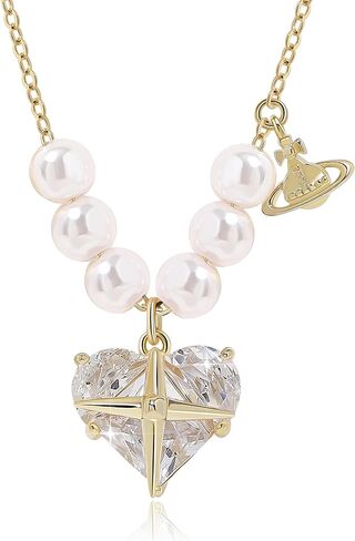 Meissa Pink Heart Pendant Necklaces for Women Cross Heart Pendant Necklace Punk Heart Saturn Planet Necklace with Pearls Women's Jewelry in Saudi Arabia