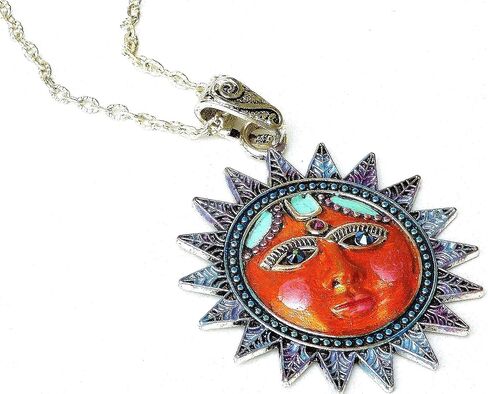 Painted Long Silver Plated Large Boho Sun Face Pendant Necklace Sparkling Crystal Rhinestones Celestial Bohemian Jewelry for Women in Kuwait
