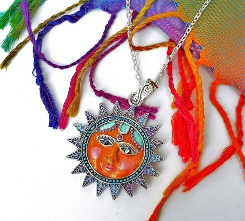 Painted Long Silver Plated Large Boho Sun Face Pendant Necklace Sparkling Crystal Rhinestones Celestial Bohemian Jewelry for Women in Kuwait