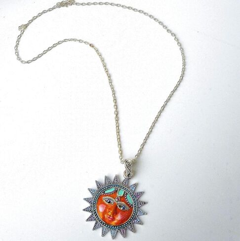 Painted Long Silver Plated Large Boho Sun Face Pendant Necklace Sparkling Crystal Rhinestones Celestial Bohemian Jewelry for Women in Kuwait