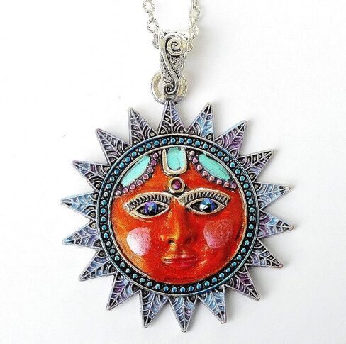 Painted Long Silver Plated Large Boho Sun Face Pendant Necklace Sparkling Crystal Rhinestones Celestial Bohemian Jewelry for Women in Kuwait