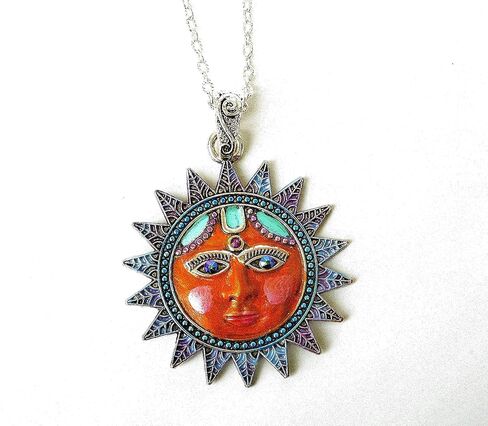 Painted Long Silver Plated Large Boho Sun Face Pendant Necklace Sparkling Crystal Rhinestones Celestial Bohemian Jewelry for Women in Kuwait
