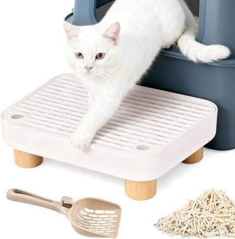 Litter Box Step with Litter Shovel, Box Ramp/Catcher with Wooden Base, Easy Cleaning with Filter Function Ideal for Cats Pedal Stool Kitten & Elderly Cats (White) in Kuwait