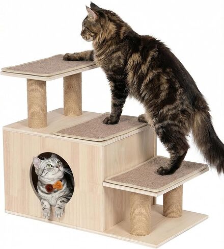 3-in-1 Pet Stairs for Cats, 7.87" Depth Pet Steps for Cat, Wood Cat Stairs for High Bed and Sofa, 1 Condo Cave, Scratching Post, Sturdy Indoor Pet Stairs with Non-Slip Carpet Pads in Kuwait