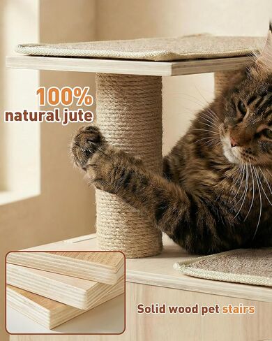 3-in-1 Pet Stairs for Cats, 7.87" Depth Pet Steps for Cat, Wood Cat Stairs for High Bed and Sofa, 1 Condo Cave, Scratching Post, Sturdy Indoor Pet Stairs with Non-Slip Carpet Pads in Kuwait