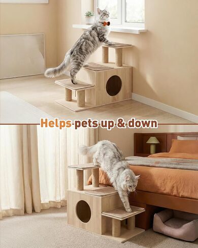 3-in-1 Pet Stairs for Cats, 7.87" Depth Pet Steps for Cat, Wood Cat Stairs for High Bed and Sofa, 1 Condo Cave, Scratching Post, Sturdy Indoor Pet Stairs with Non-Slip Carpet Pads in Kuwait