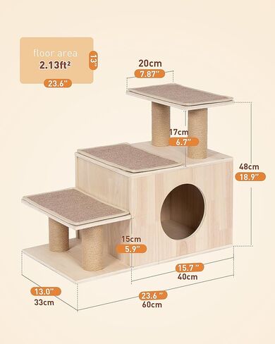 3-in-1 Pet Stairs for Cats, 7.87" Depth Pet Steps for Cat, Wood Cat Stairs for High Bed and Sofa, 1 Condo Cave, Scratching Post, Sturdy Indoor Pet Stairs with Non-Slip Carpet Pads in Kuwait