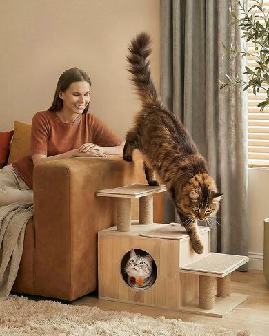 3-in-1 Pet Stairs for Cats, 7.87" Depth Pet Steps for Cat, Wood Cat Stairs for High Bed and Sofa, 1 Condo Cave, Scratching Post, Sturdy Indoor Pet Stairs with Non-Slip Carpet Pads in Kuwait
