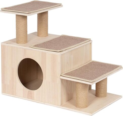 3-in-1 Pet Stairs for Cats, 7.87" Depth Pet Steps for Cat, Wood Cat Stairs for High Bed and Sofa, 1 Condo Cave, Scratching Post, Sturdy Indoor Pet Stairs with Non-Slip Carpet Pads in Kuwait
