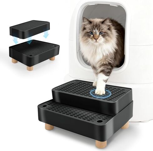 Elevated Cat Ramp for Litter Box, 2 Steps Cat Pedal Step Stool with Wooden Base, Detachable Double Layered Cats Litter Trapper, Suitable for Small&Elderly Cats, Non-Slip(Grey) in Kuwait