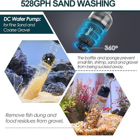 hygger Electric Aquarium Gravel Cleaner, 528GPH Fish Tank Vacuum, 5-in-1 Automatic Sand Washer Water Changer Cleaning Kit for Freshwater Saltwater, Adjustable Length Handle Tube,Hose, Clamp in Kuwait