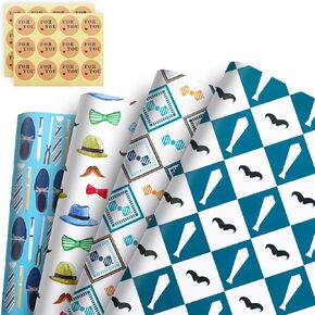 PUIKSXER Father's Day Wrapping Paper - Mustache, Funny Hat Pattern, 19.7 × 27.6 Inches, 12 Sheets Folded Wrap with Stickers- Ideal for Men's Birthday, Wedding, and Themed Parties