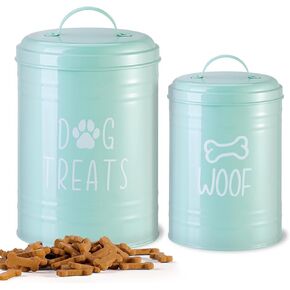 Dog Treat Container Airtight, Dog Treat Jar Set of 2 with Lid - 9x5.5''&7x4'' Metal Dog Cookie Jar for Farmhouse Kitchen Counter, White Pet Treat Container, Dog Treat Storage Container for Dogs, Cats
