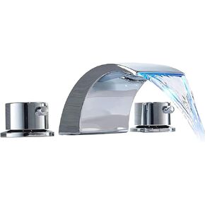 Brushed Nickel Bathroom Faucet Waterfall for Sink 3 Hole 8 Inch Faucet Widespread Vanity Sink Faucet Parts Two Handle Led Bath Tub Mixer Tap Lavatory Faucets Spout Commercial Water Hoses