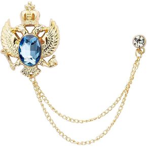 Knighthood Blue Crystal Vintage Double Eagle Golden Tassel Chain Brooch, Suit Stud, Shirt Studs, Lapel Pin Accessories for Men Women