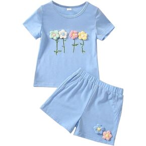 Toddler Little Girls T-Shirts Shorts Sets 2Pcs Summer Outfits Clothes 3D Flower Top Tee Short Sleeve 3-4T 4T 5T 6T 7T
