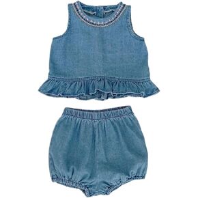 HOOLCHEAN Baby Infant Girls Soft Denim Sweet Sleeveless Ruffle Hem T-shirt Dress and Shorts Set