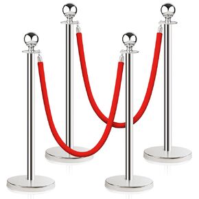 Stainless Steel Stanchion Post Queue,5 ft Red Velvet Rope Red Carpet Ropes and Poles Crowd Control Barriers,Sand Injection Hollow Base and Velvet Ropes Set for Party Supplies (4 Pieces, Silver)