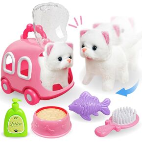 Walking Cat Toys for Girls - Electronic Meow Kitty with Animated Walking Wag Tail, Storage Cage and Accessories, Interactive Pet Gifts for Toddlers 2 3 4 5 6